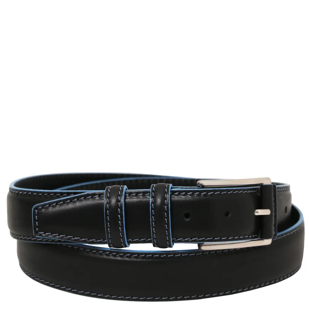 Casual leather belt 35mm with light blue edges - 95 cm