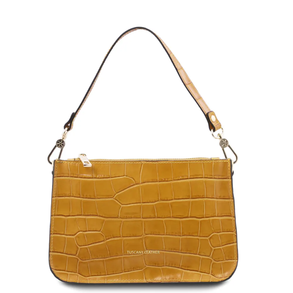 Cassandra Croc print leather clutch handbag