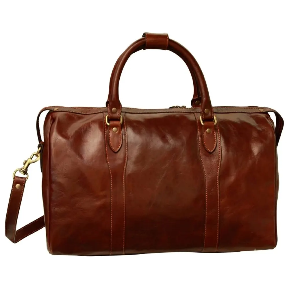 Men's Italian Full Grain Leather Travel Bags with Trolley Zip - Brown