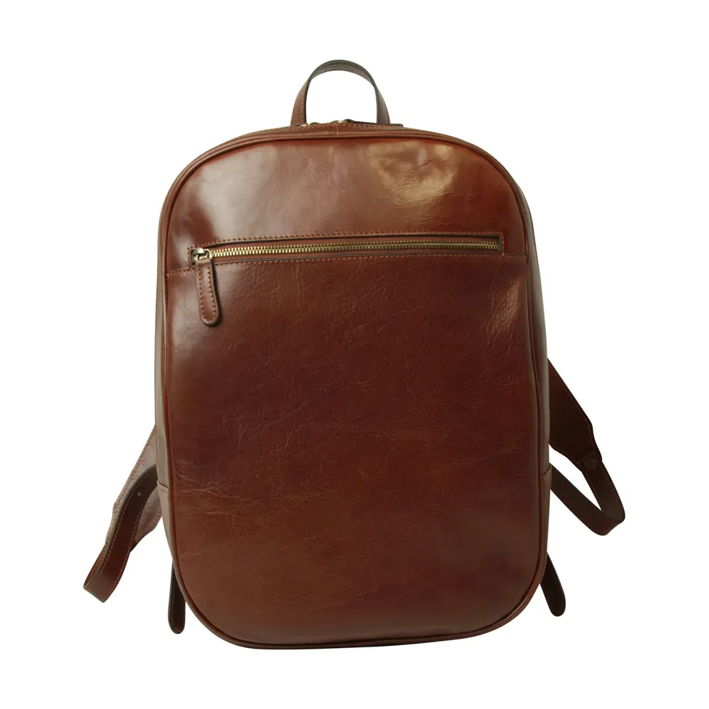 Leather backpack with exterior zip pockets - Brown